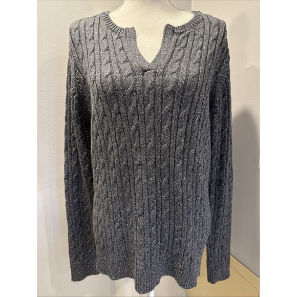 Charter Club Cable Knit Sweater Gray Sparkle Pullover V-Neck Long Sleeve Size Xl - Picture 1 of 6